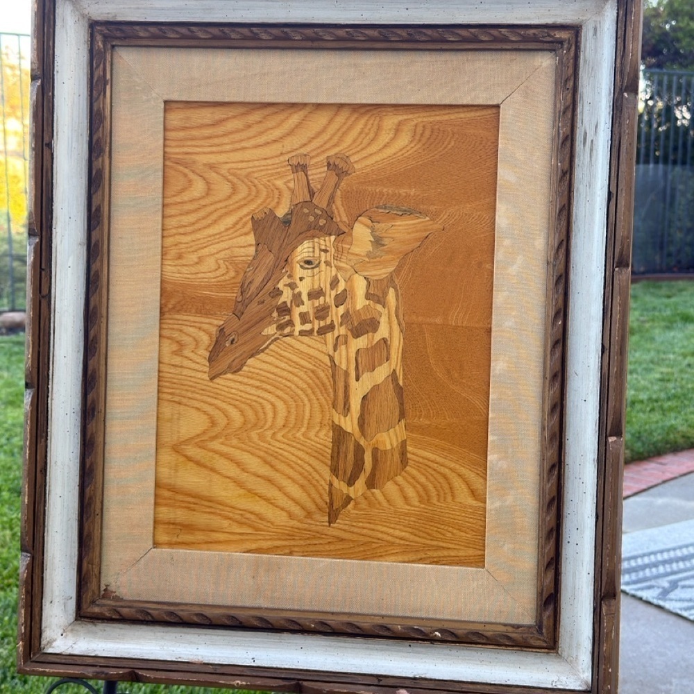 Marquetry Wood Inlay Art — Giraffe Portrait — Handmade Veneer Mosaic